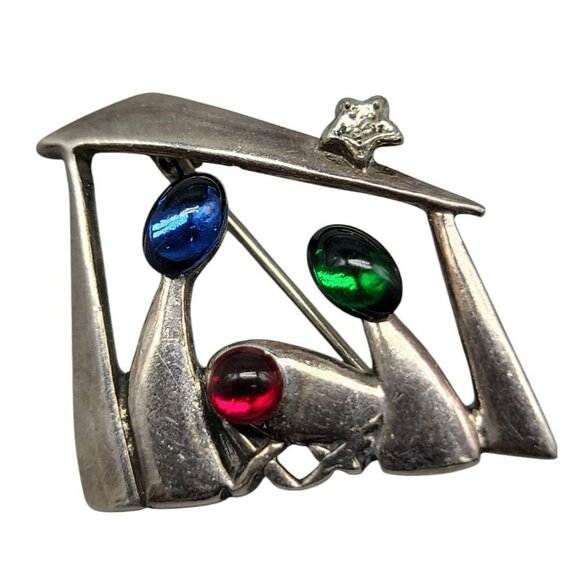 Silpada Christmas Brooch Sterling Silver Nativity Red Green Blue Cabachons 925 - Picture 1 of 9